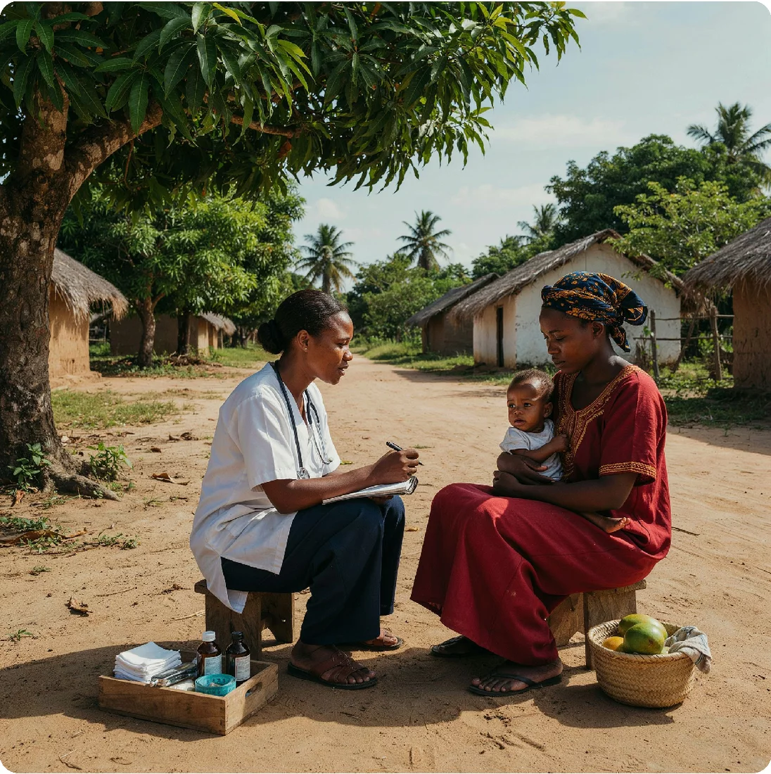 Atendimento de saúde comunitária em uma aldeia africana